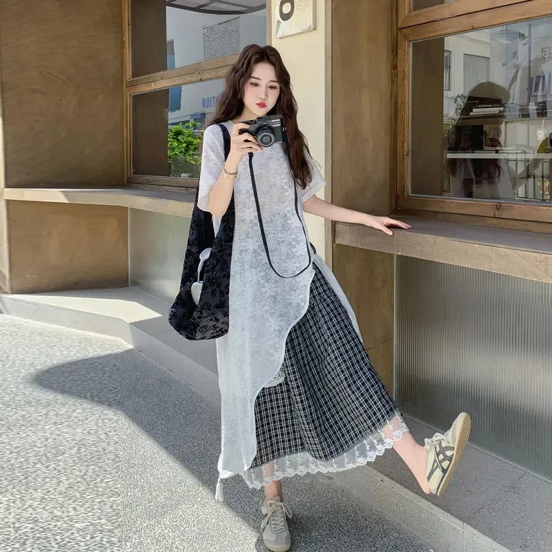 减龄夏日穿搭高级感套装大方得体设计感蕾丝衫黑白格半身裙两件套