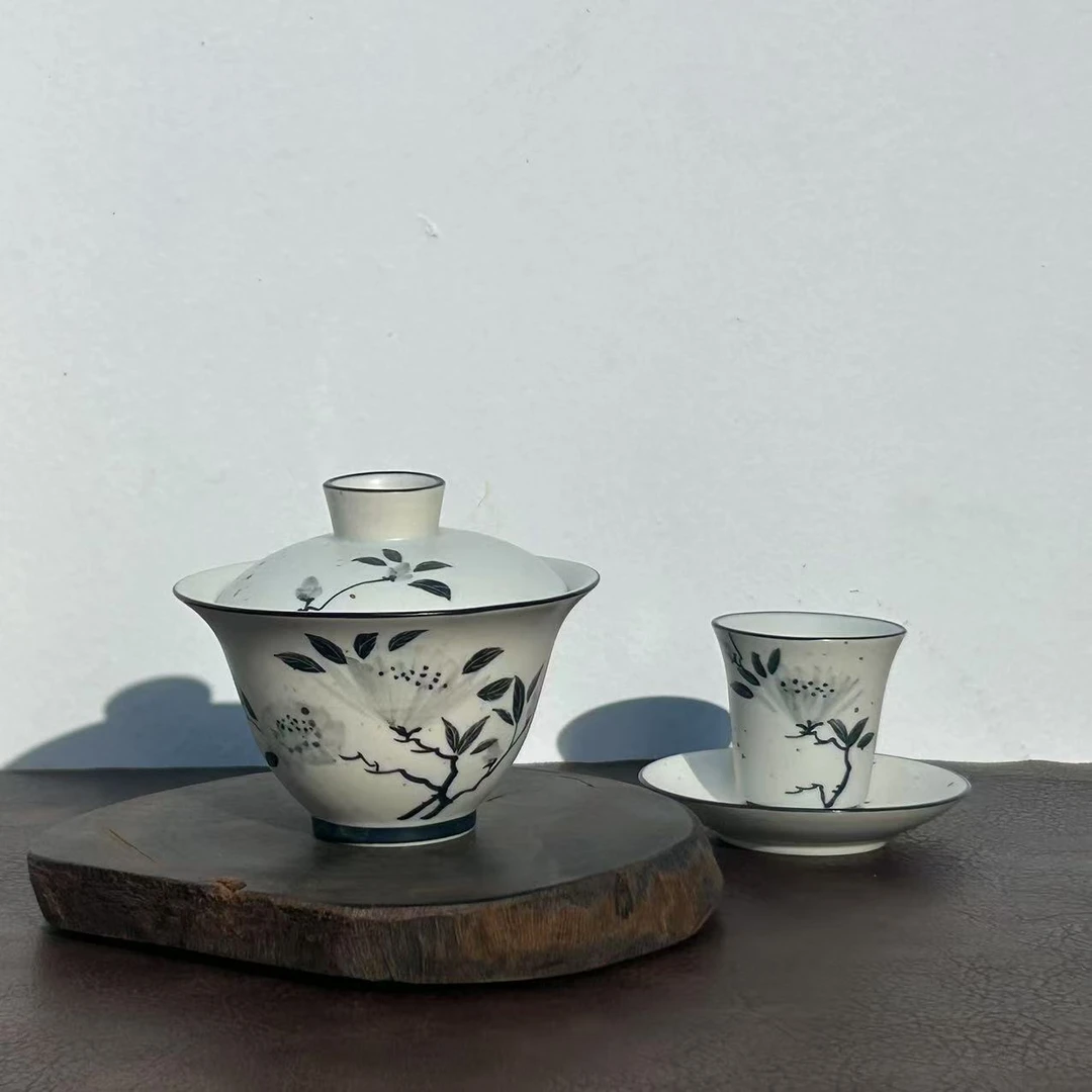 「茶予物」复古手绘芍药茶具二才盖碗家用高档泡茶杯