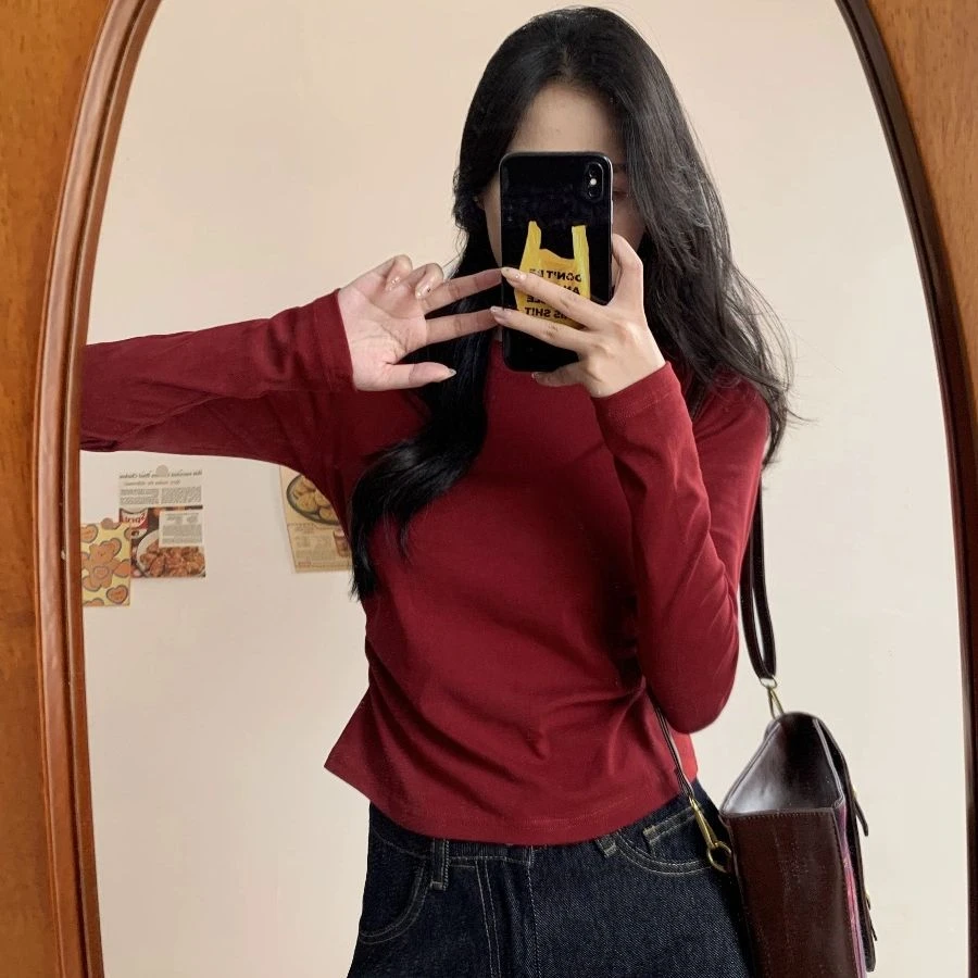 酒红色长袖打底衫女早春秋季2025新款爆款设计感掐腰不撞款上衣