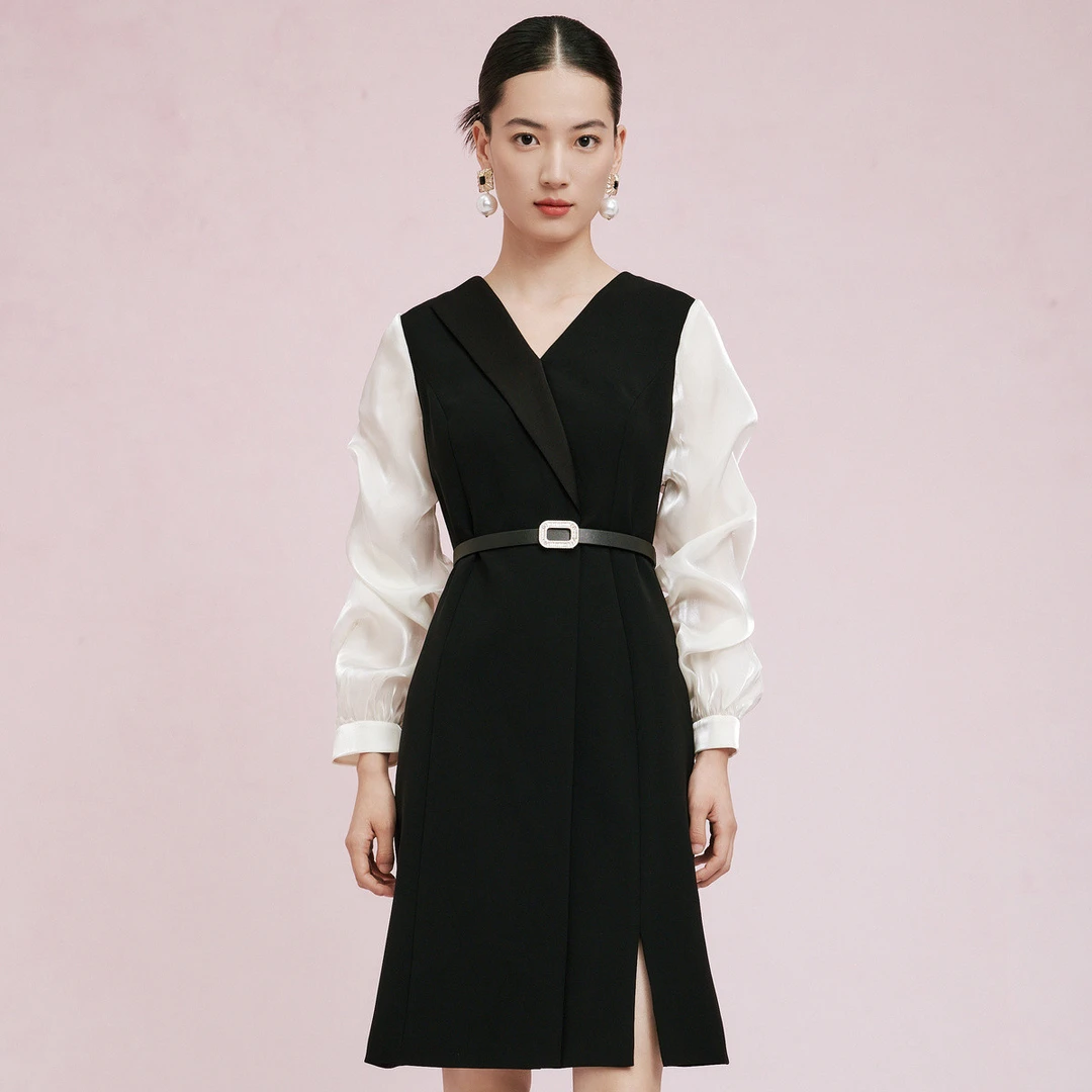 拉珂蒂水光袖撞色设计感西装连衣裙女RF05272W0