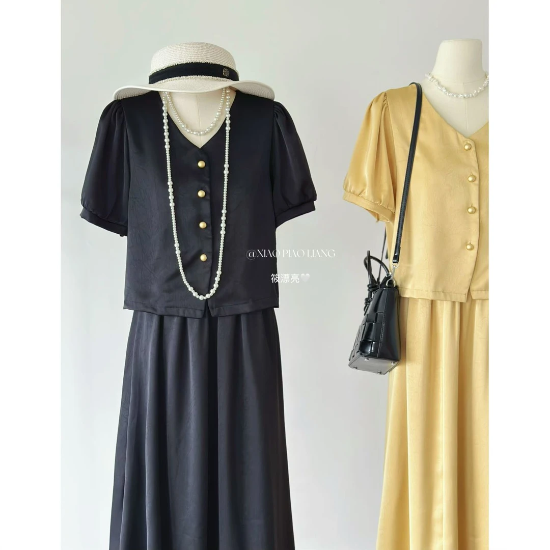 夏季新款通勤风V领单排扣短袖小衫+高腰半身裙套装0509#0.1 zj