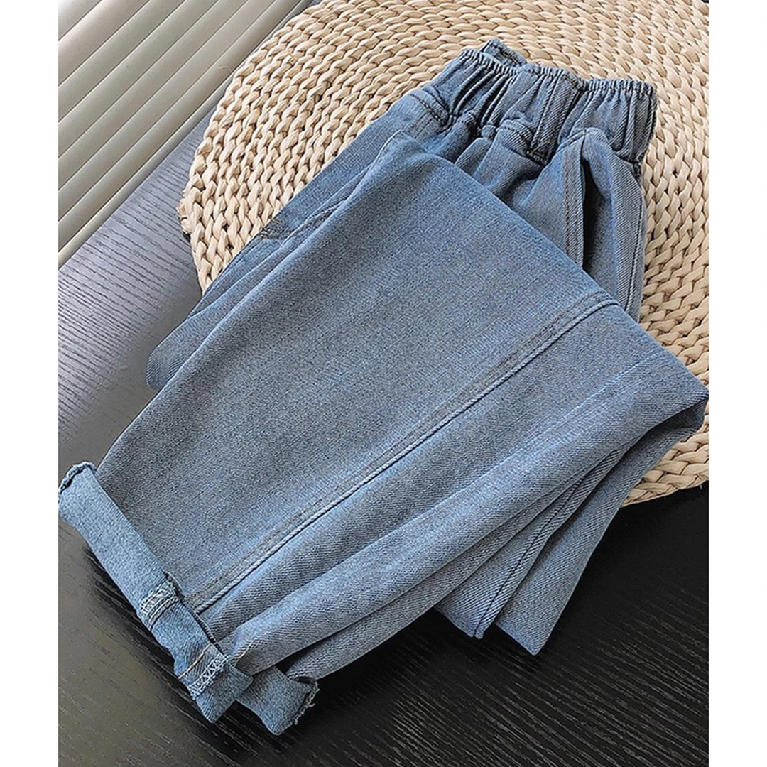 大码300斤胖mm韩版阔腿裤女秋季新款牛仔裤显瘦松紧腰九分哈伦裤