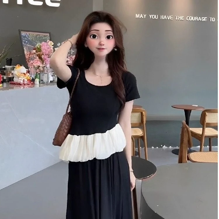 时尚气质新款芭蕾风荷叶边方领短袖T恤女夏收腰褶皱打底衫上衣