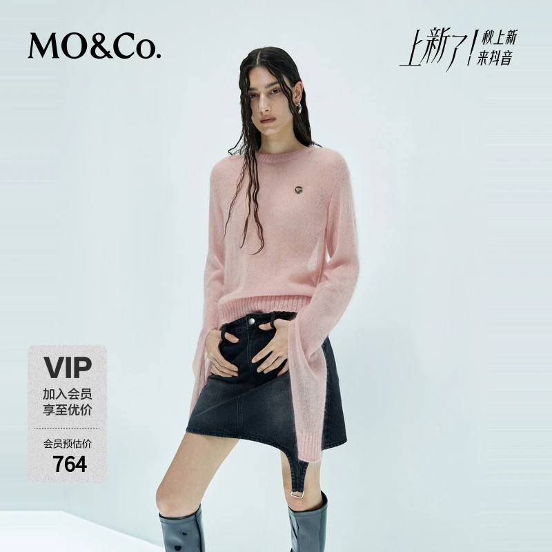 MOCO针织衫桑蚕丝马海毛精纺清透莹润粉色解构开叉长袖MBD3SWT019