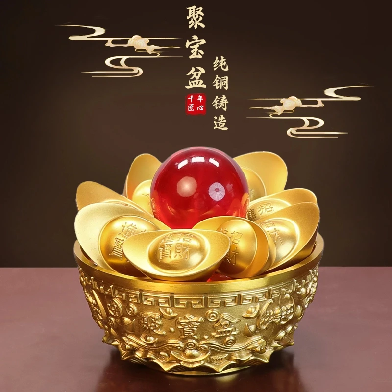黄铜电视柜大号聚宝盆家居摆件装饰创意摆件工艺品纯铜沈万三同款