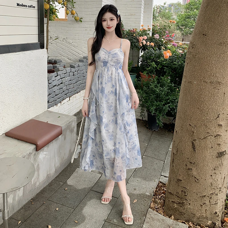 春夏季在逃公主长裙女大码高腰荷叶边晕染闪片印花胖mm吊带连衣裙