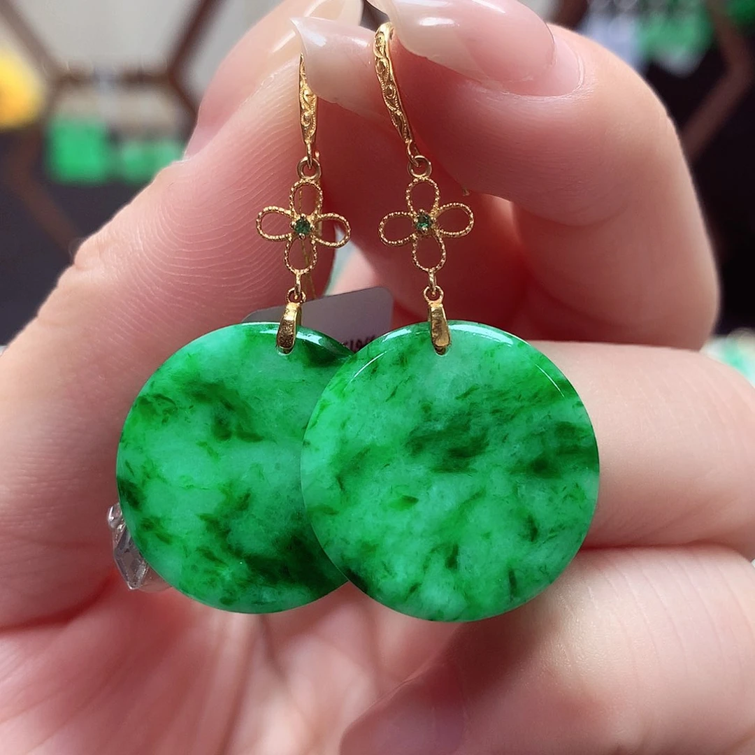 翡翠耳饰18K金镶嵌天然翡翠