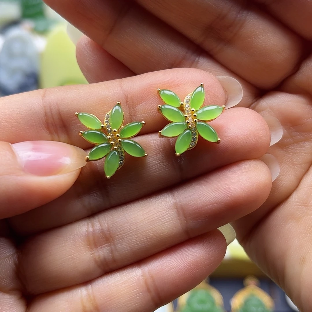 和田玉银S925镶嵌耳饰