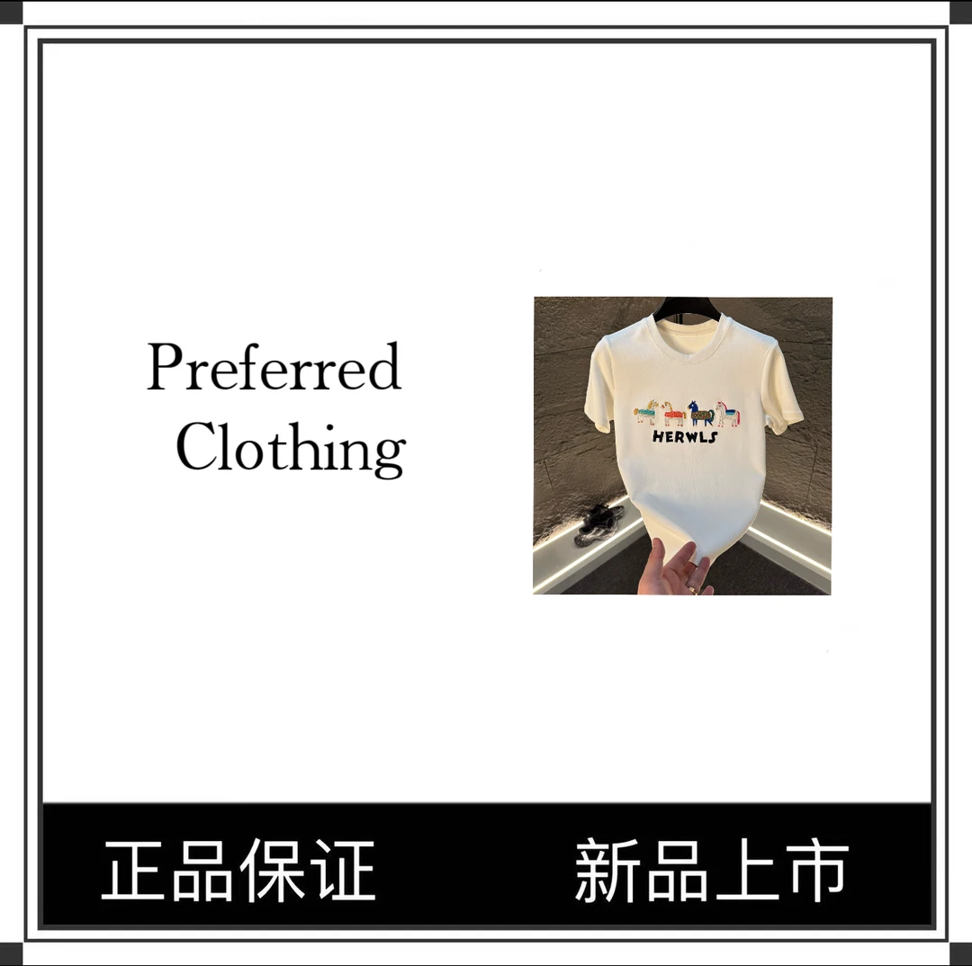 【H】25年爆款时尚百搭设计款加厚圆领刺绣短袖T恤