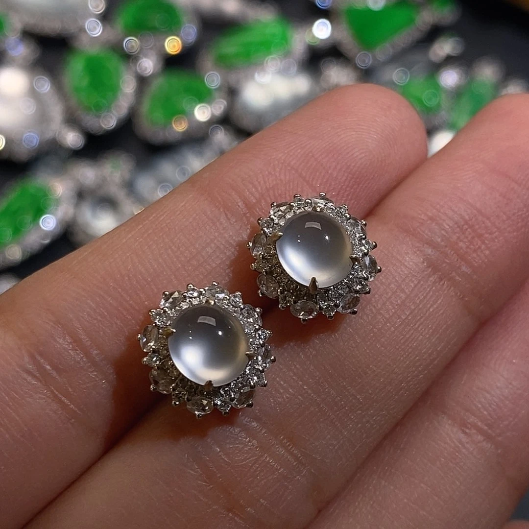 翡翠耳饰18K金镶嵌天然缅甸A货翡翠