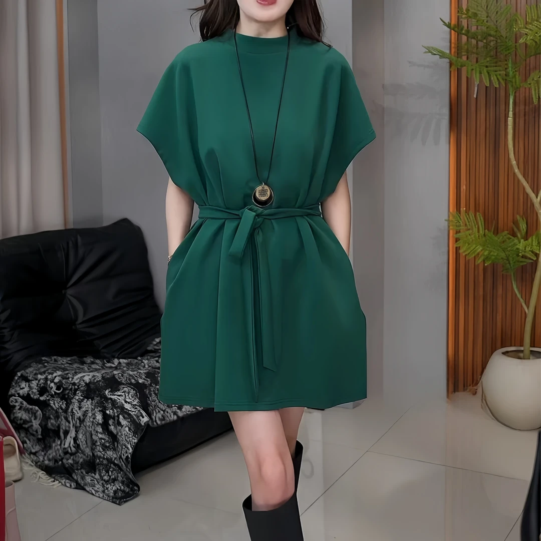 2025夏季新款时尚设计感短袖连衣裙女宽松显瘦中长款系带休闲裙子