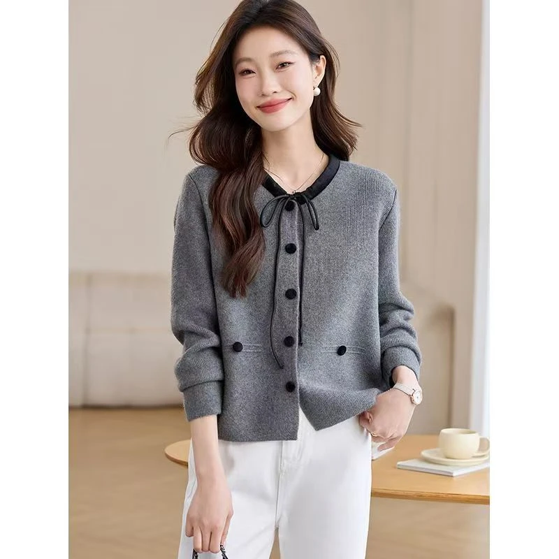 小香风系带毛衣外套2025新款洋气百搭减龄小个子圆领针织开衫上衣