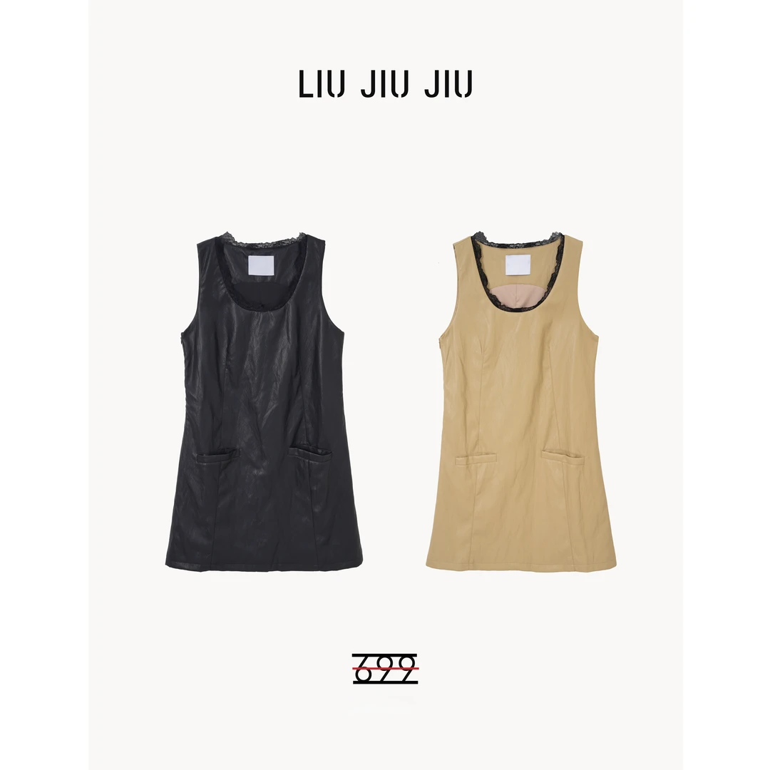 LIUJIUJIU 韩系设计感蕾丝U领无袖背心连衣裙简约百搭LYQ3245L