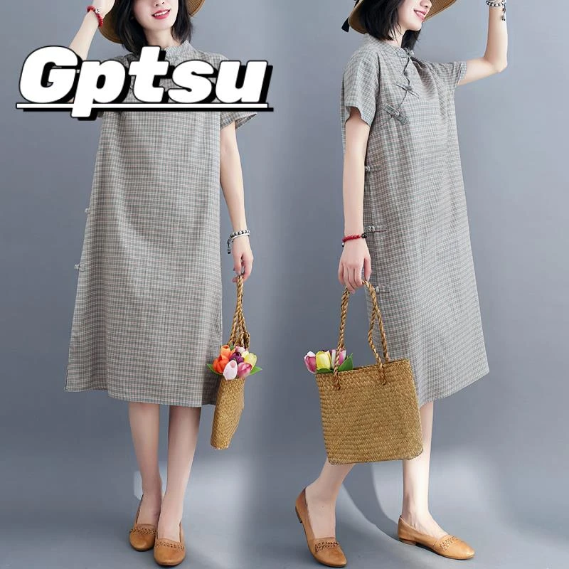 GPTSu夏季款复古斜襟盘扣中式改良旗袍裙女中长款宽松格子连衣裙