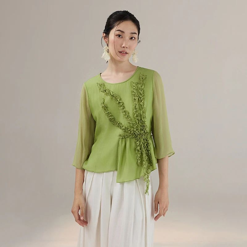生活在左拼莱赛尔花边七分袖衬衣优雅气质2025秋季新款不规则上衣