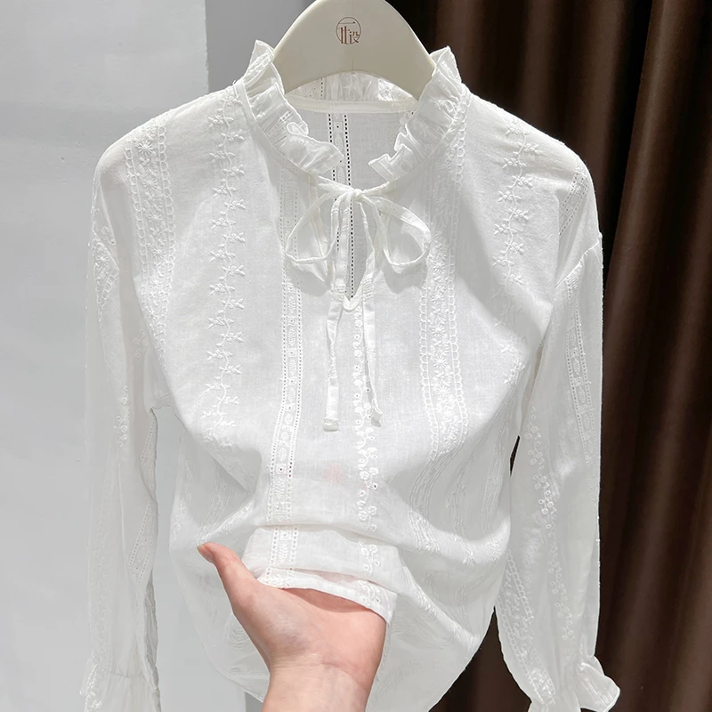 高档白色蕾丝打底衫女爆款2025新款洋气内搭花边V领网纱长袖上衣