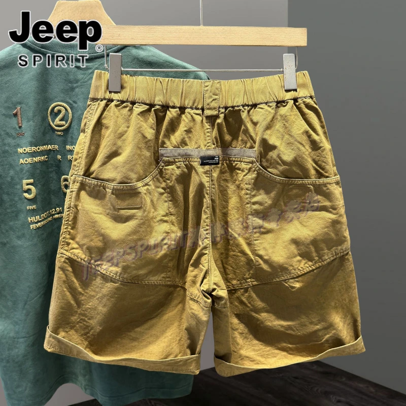 Jeep吉普夏季纯色高级工装短裤男宽松拼接中裤系带男士纯棉五分裤