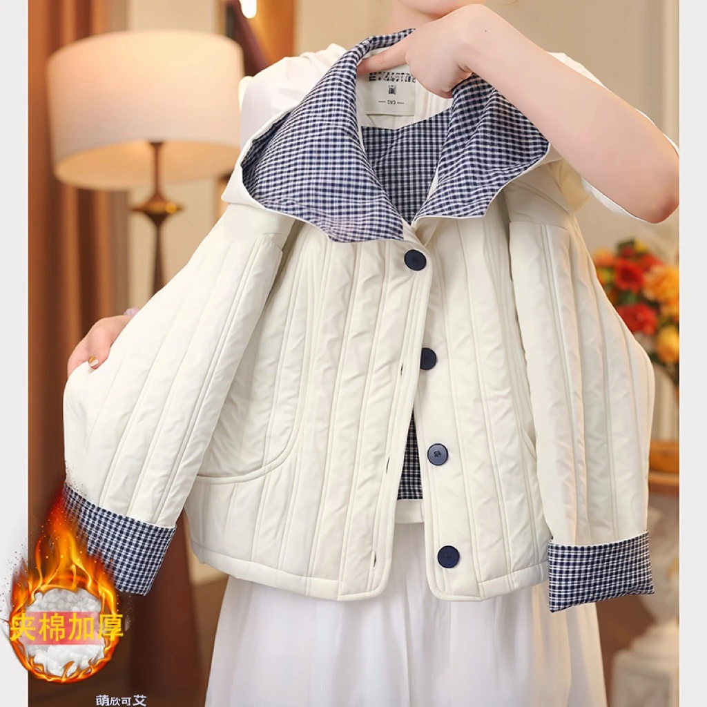 女童夹棉外套秋冬2025新款加厚二棉格子拼接棉服保暖轻薄棉袄洋气