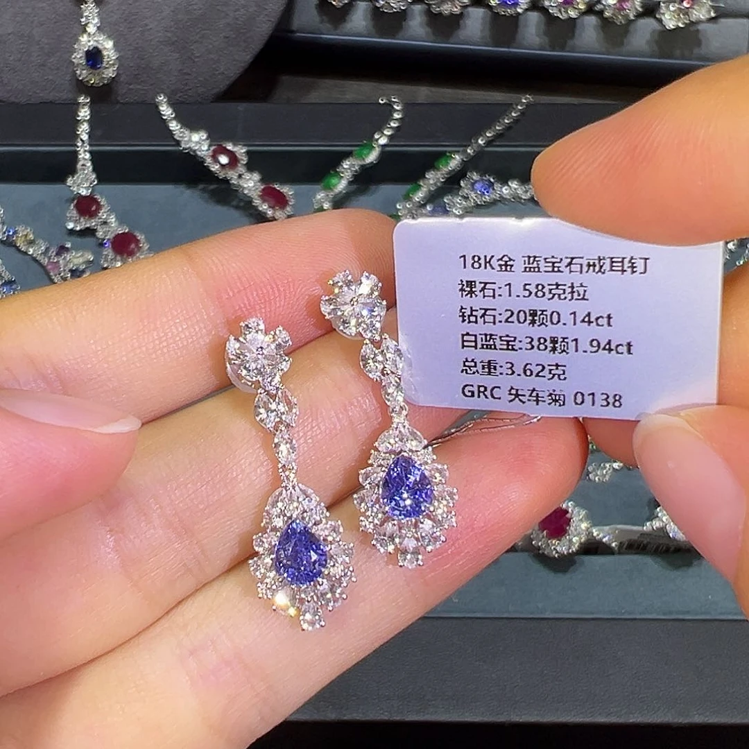 蓝宝石耳坠18K金镶嵌