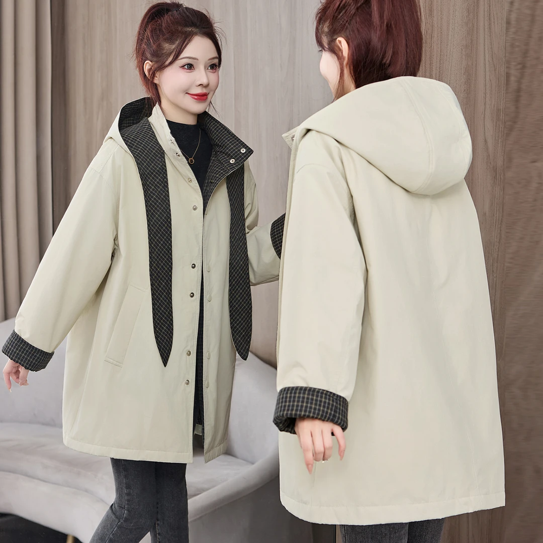 高端羽绒服女撞色格子拼接连帽中长款派克服冬2025新款白鸭绒外套