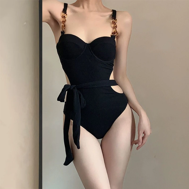 ZiRu泳衣女款连体吊带钢托聚拢纯色修身性感露背纯欲风度假泳衣