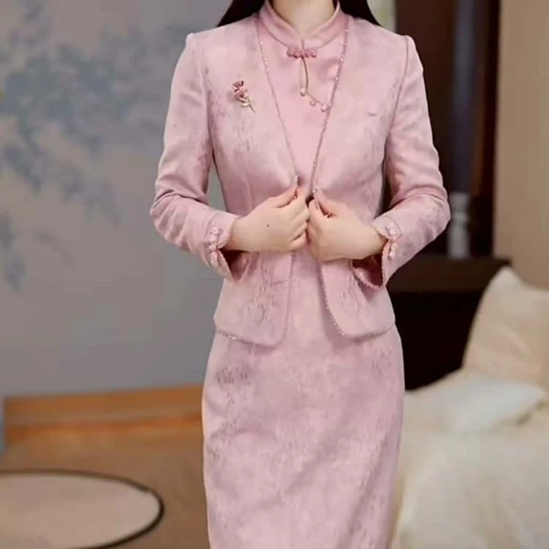 A436【外套+连衣裙】2025早秋新款中式国风气质显瘦连衣裙两件套