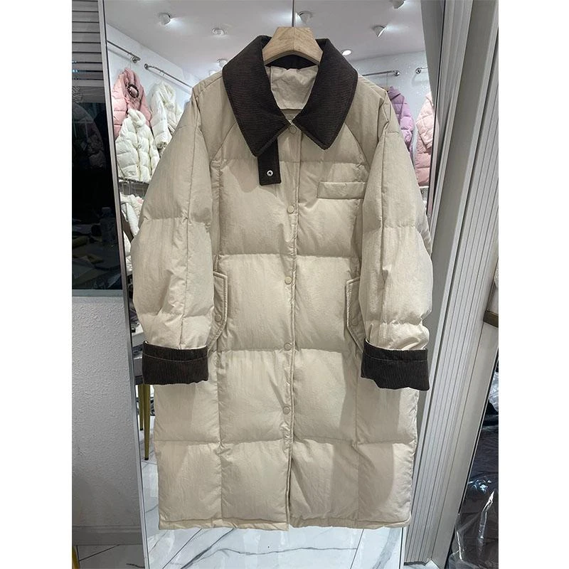 波司断码撞色拼接灯芯绒翻领中长款白鸭绒羽绒服韩版宽松保暖加厚