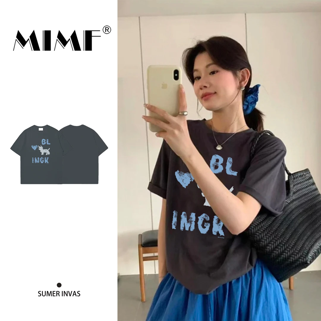 mnmf夏季重磅纯棉正肩韩版宽松圆领半袖上衣休闲装印花短袖T恤ins