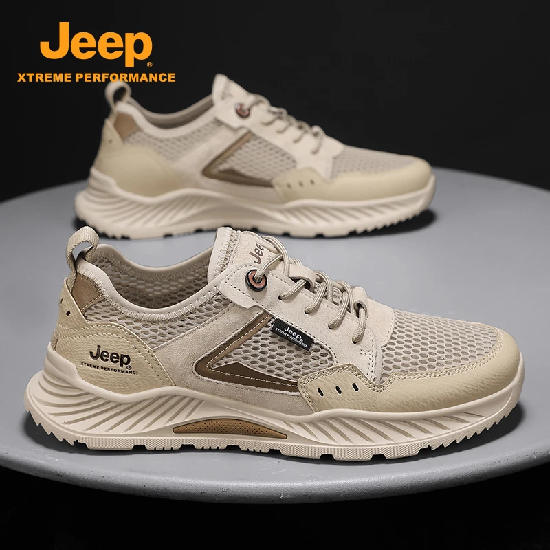 jeep吉普真皮男鞋2025新款春季户外徒步鞋休闲鞋透气薄款运动网鞋