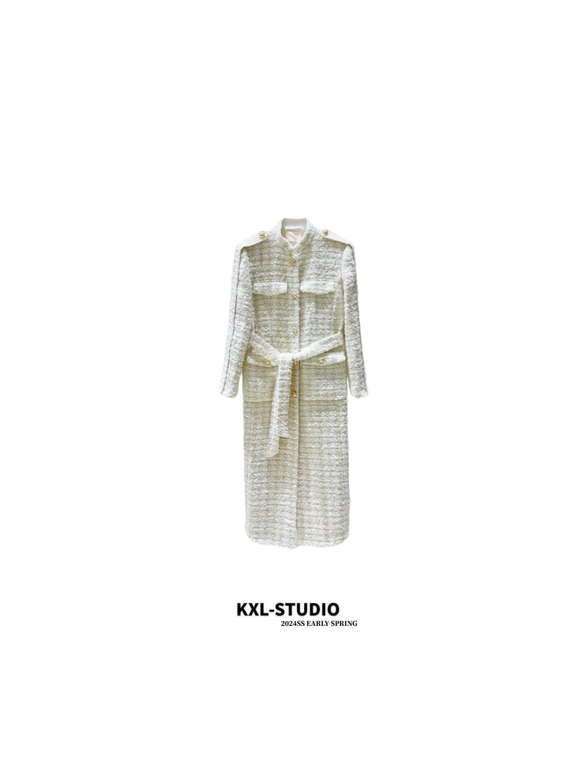 KXL_ STUDIO 静奢·米白金扣香风腰带大衣44701