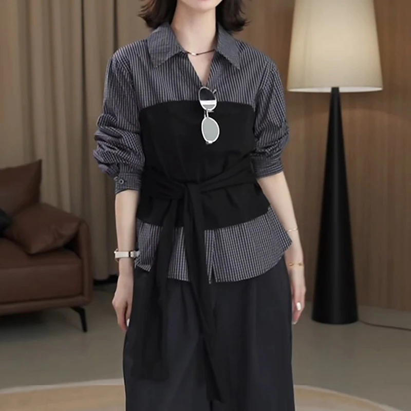 韩系设计感格子拼接假两件衬衫女早秋轻薄防晒慵懒显瘦绑带上衣