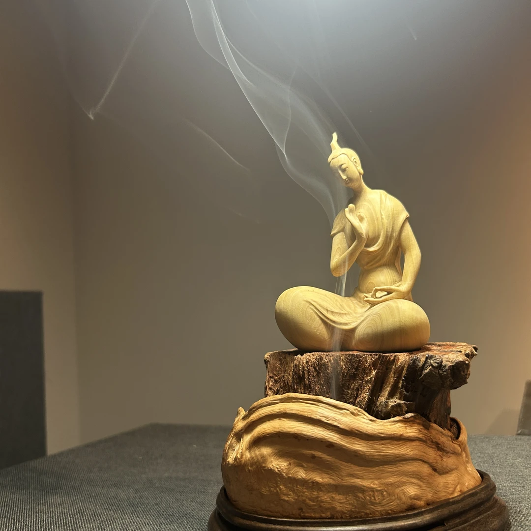 荔枝木手工随形摆件香炉雕刻配北魏佛一套