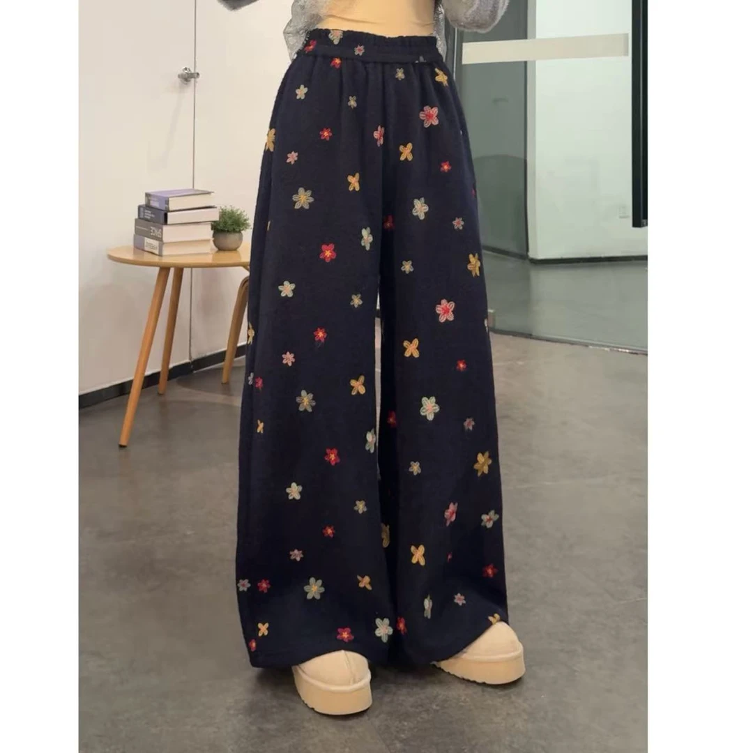 VGVL裤子秋冬季显瘦宽松百搭花朵刺绣阔腿休闲裤60423
