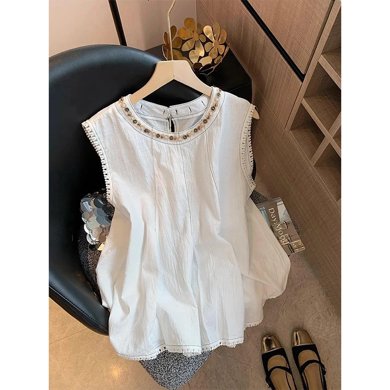 波西米亚风亚麻钉珠无袖上衣女2025年夏新款百搭显瘦减龄气质背心