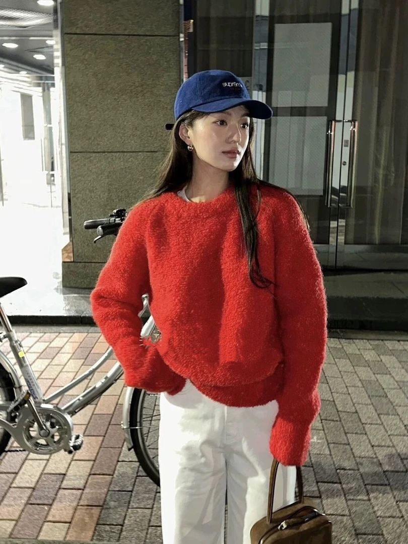 韩系超好看套头圆领红色大牌同款毛衣