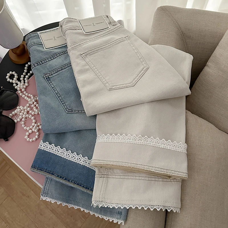 1CoMo 新款天丝麻料混纺时尚韩版设计感高腰微弹牛仔直筒裤3550