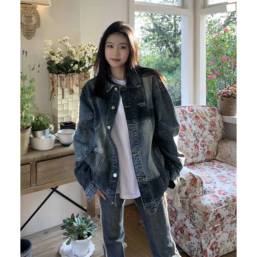 复古撞色拼接牛仔外套女秋季2025时尚设计感小众美式宽松夹克上衣