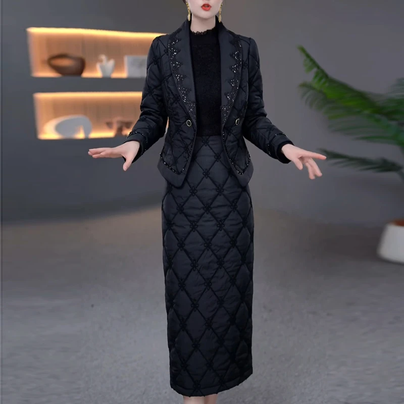 小香风夹棉加厚两件套棉衣外套连衣裙2025冬时尚气质显瘦洋气套装