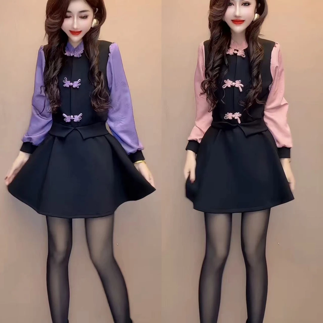 假两件常规高腰拼接连衣裙长袖减龄显瘦