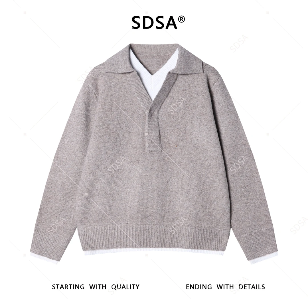 SDSA男士秋冬新款痞帅男装韩版撞色翻领净版假两件毛衣宽松百搭