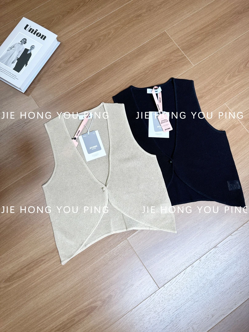 黑色V领镂空针织马甲女款夏季薄款透气开衫外穿坎肩无袖背心25582