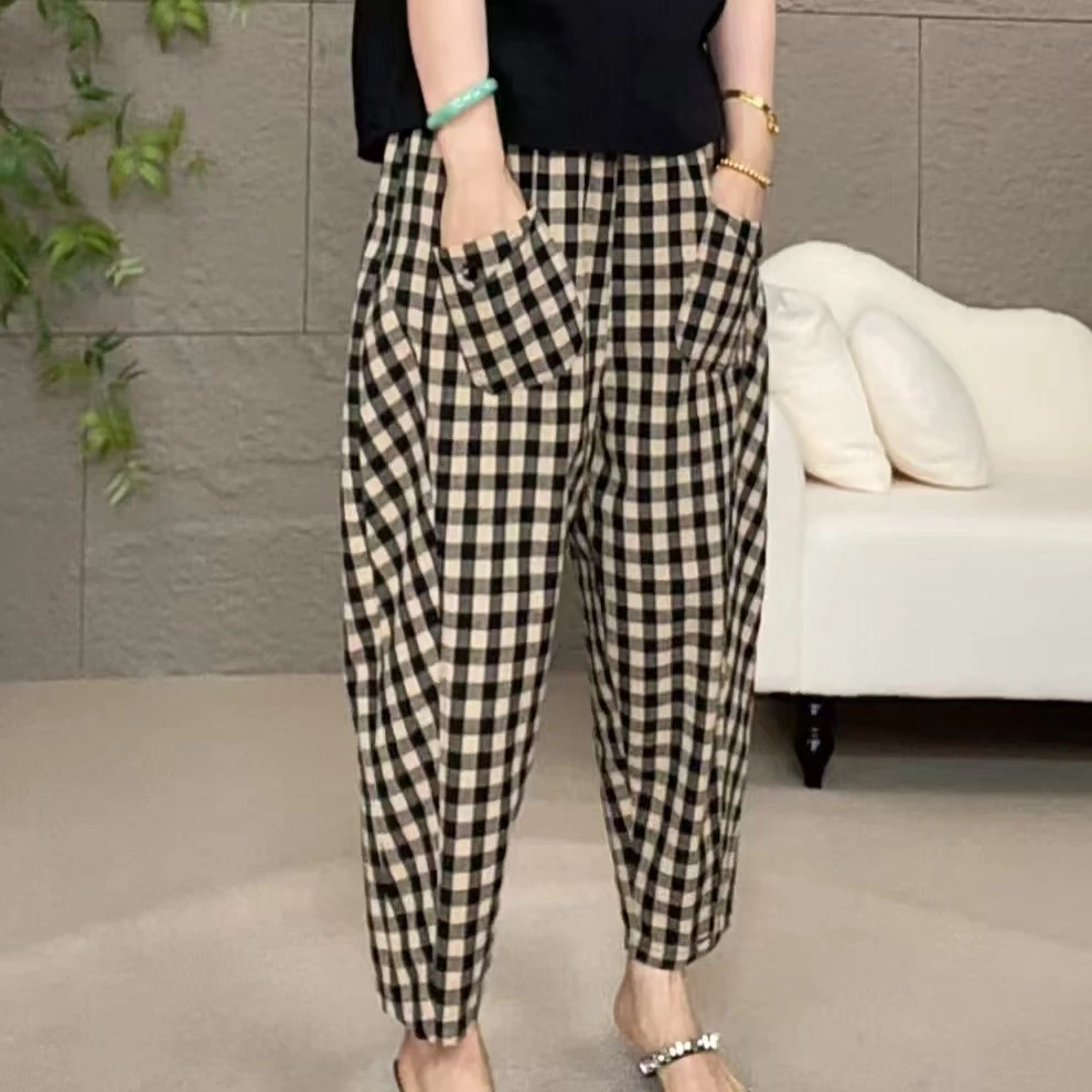 2025新款时尚休闲洋气百搭宽松夏季格子哈伦裤
