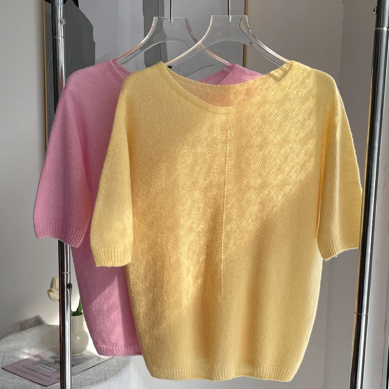 S2506 2025春季新款时尚百搭女士圆领桑蚕丝镂空宽松羊绒针织短袖