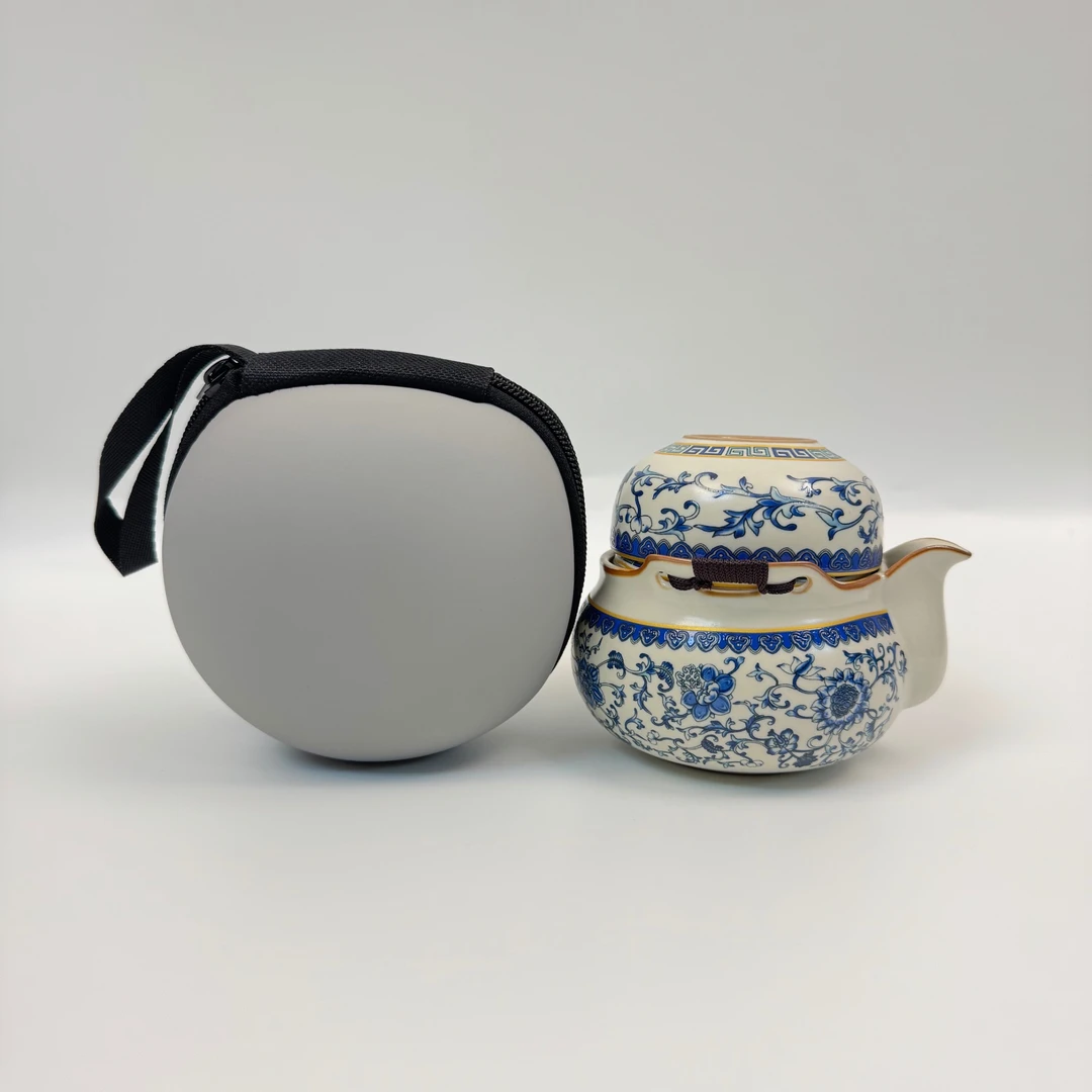 青花手抓壶家用手工旅行茶具便携式户外露营陶瓷快客杯泡茶壶蓝色