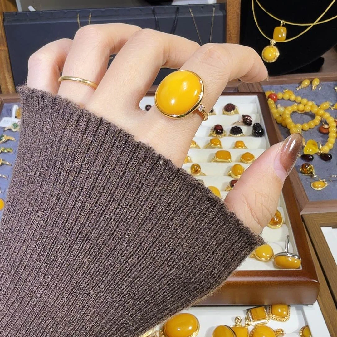 蜜蜡银S925镀金镶嵌戒指