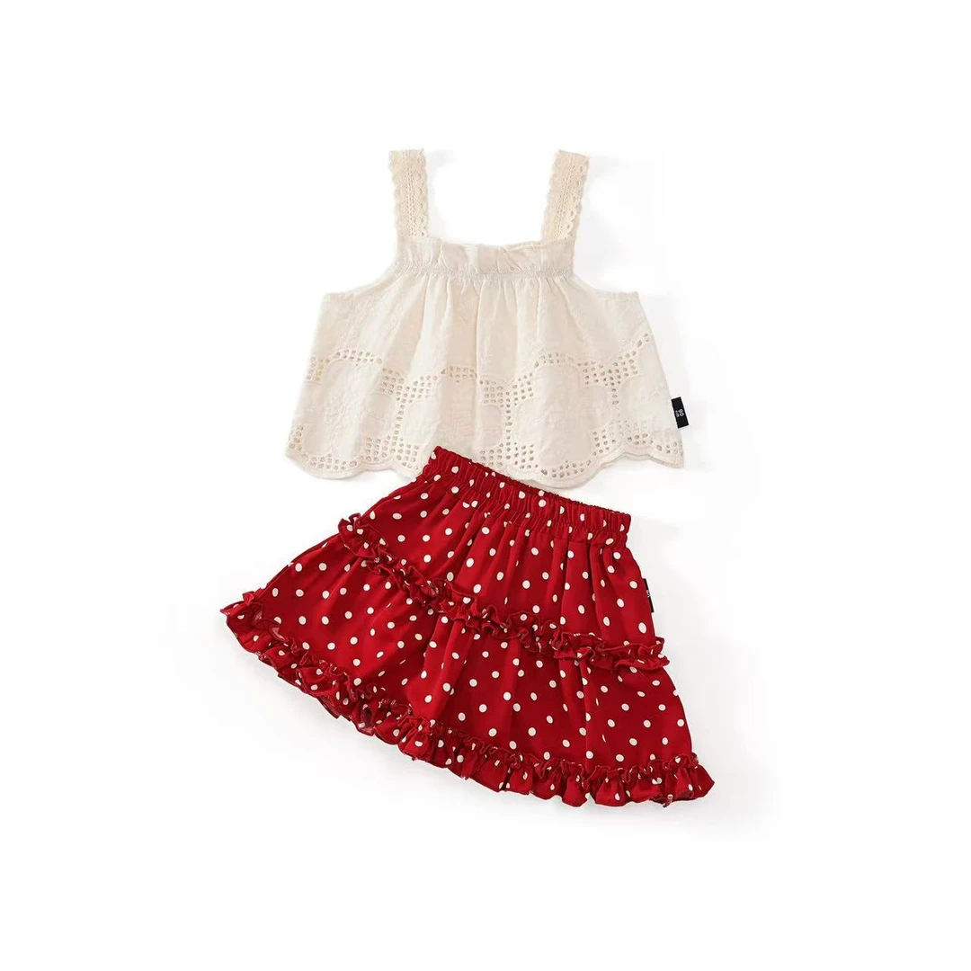 女童夏季洋气蕾丝吊带红色波点裙两件套5642