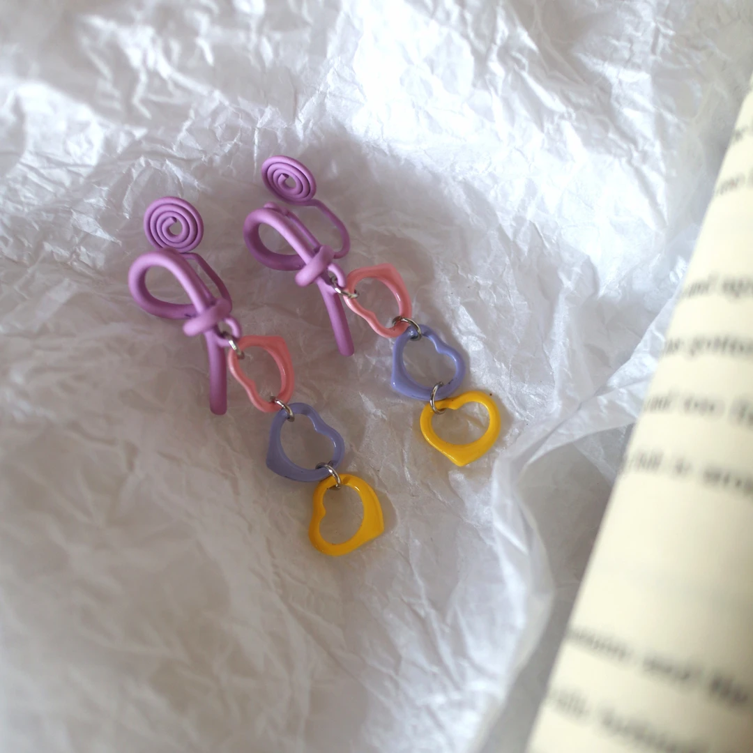 铜合金耳饰 H364粉色爱心耳坠无耳洞蚊香盘耳夹甜美少女感多巴胺