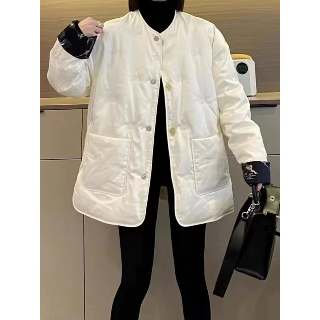 0572 新中式国风圆领重工刺绣休闲宽松白鸭绒羽绒服外套上衣洋气