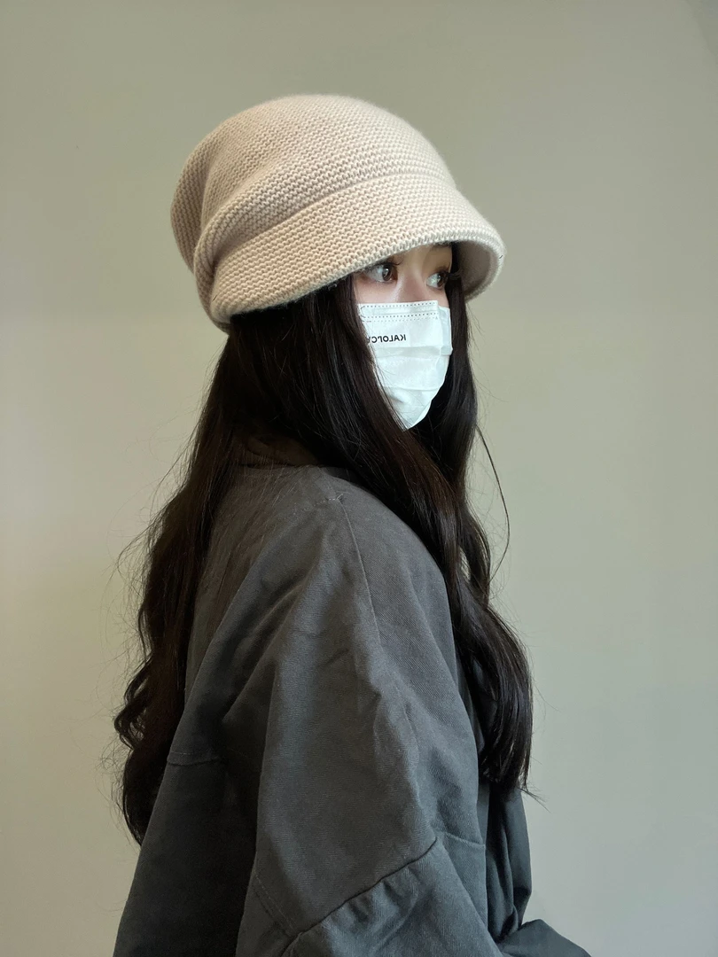 100羊毛戴帽檐堆堆帽显脸小百搭毛线帽大版型保暖堆堆帽女秋冬