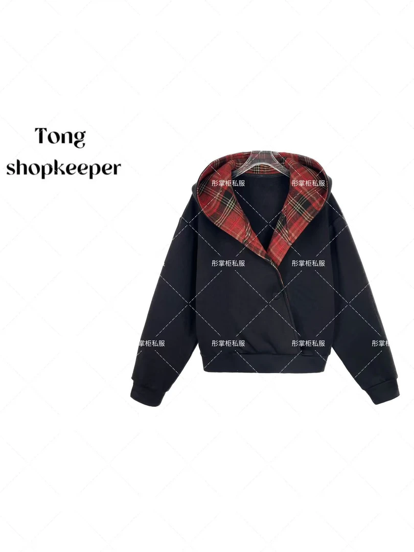 QJ/彤掌柜1681280 冬季25加厚新款拼接时尚格纹连帽保暖卫衣